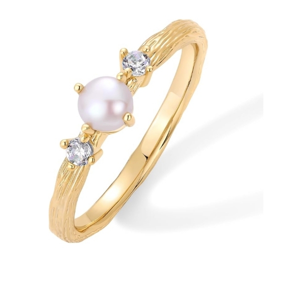 Povai Jewelry - 14K Gold Plated Pearl Hammered Dainty Elegant Stackable CZ Thin Ring